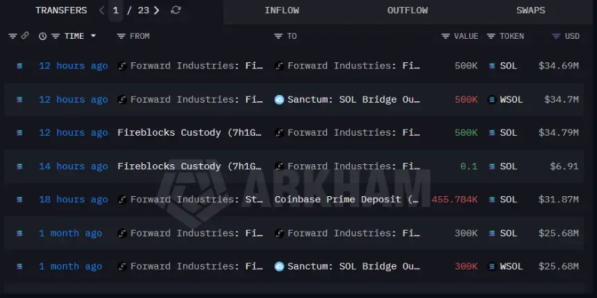 Blockchain data visualization showing the SOL transfer
