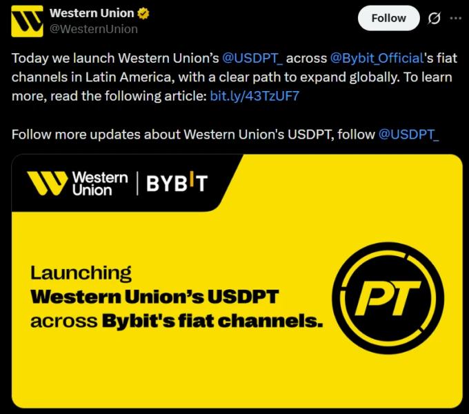 Graphic highlighting the integration of Western Union's USDPT stablecoin on Bybit
