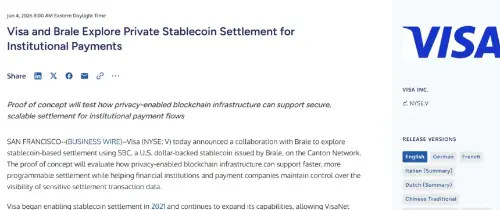 Visa、Brale 和 Can<span class='keyword'>ton</span> Network 试点机构私人稳定币结算
