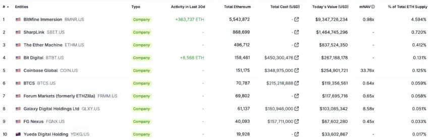 Top Ethereum treasury companies.