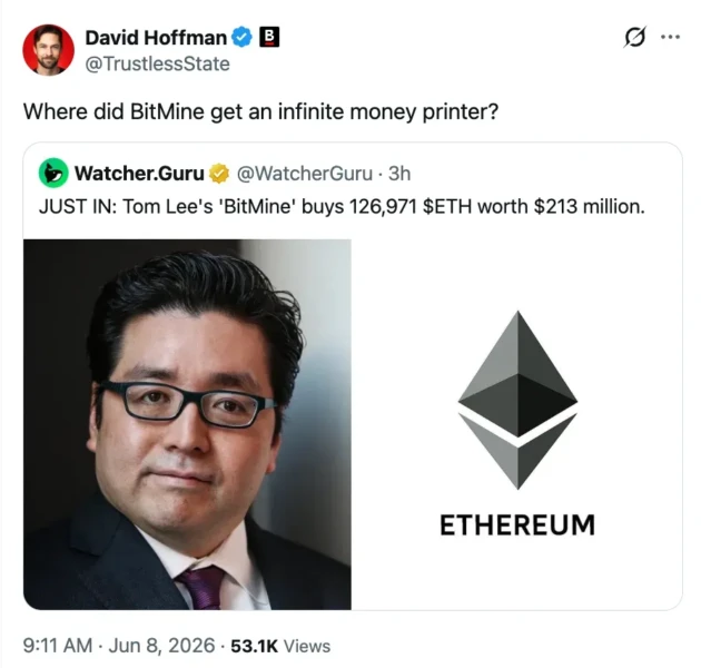 Screenshot of social media commentary on BitMine's purchases