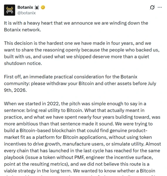 Botanix shutdown notice