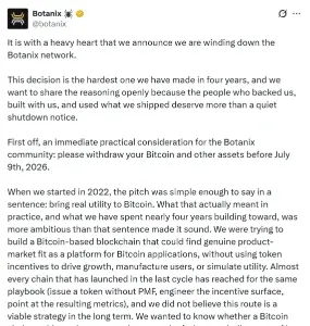 Botanix Network 宣布关闭,称比特币 DeFi 需求不足