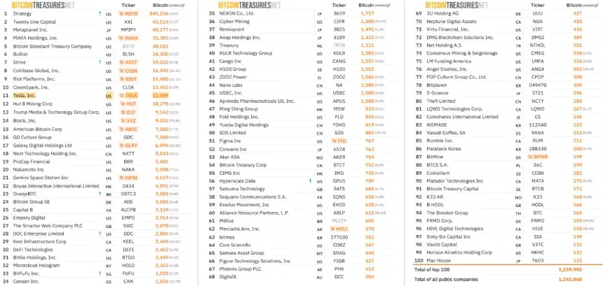 Top 100 Public Bitcoin Treasury Companies