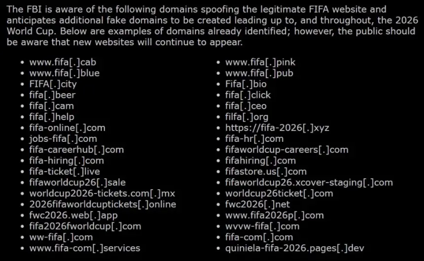 FBI warns of fake domains spoofing the official FIFA website