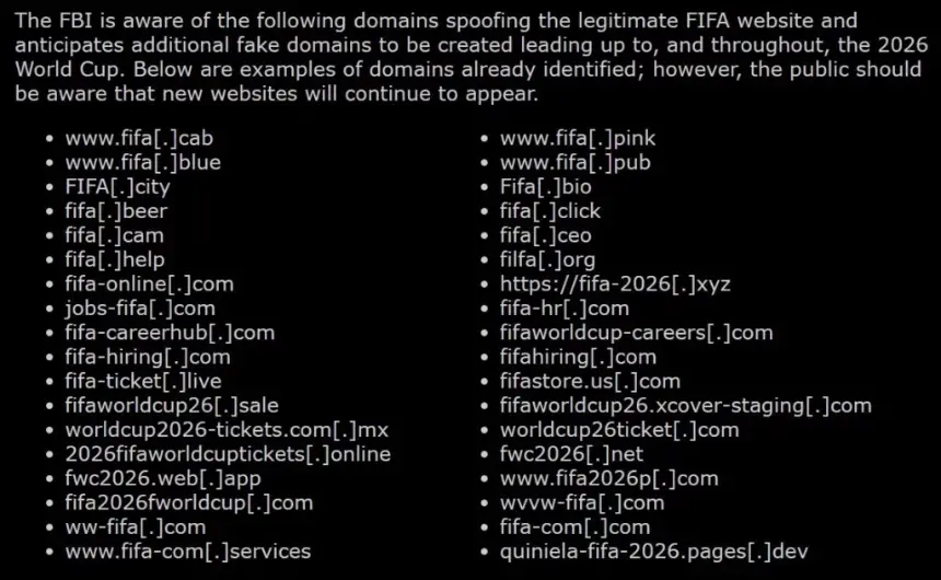 Fake domains impersonating FIFA website.