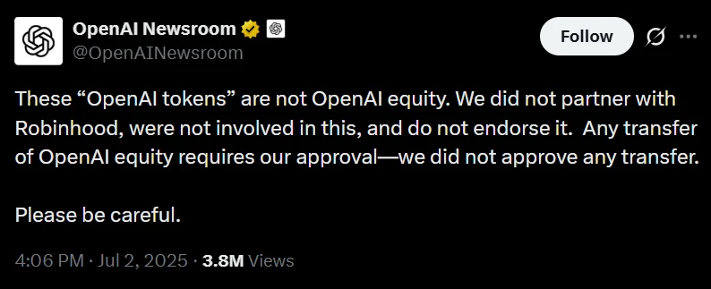 OpenAI's warning to investors on buying tokenized shares.