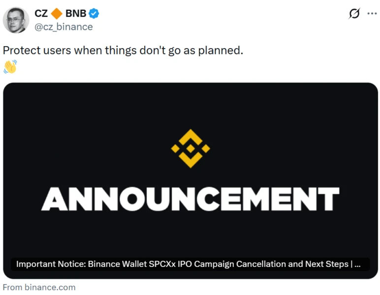 A social media post from former Binance CEO Changpeng Zhao regarding the developments.