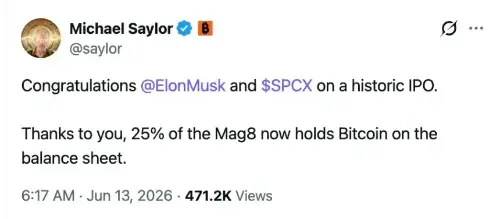 SpaceX 加入特斯拉持有比特币，使 25% 的“Mag8”公司成为比特币持有者  在纳斯达克历史性地首次亮相后，SpaceX 的 S-1 文件确认其持有 18,712 比特币，与特斯拉一起成为扩大后的“八强”中第二家在其资产负债表上持有比特币的公司。 MicroStrategy 的 Michael Saylor 强调了这种企业比特币采用趋势。 