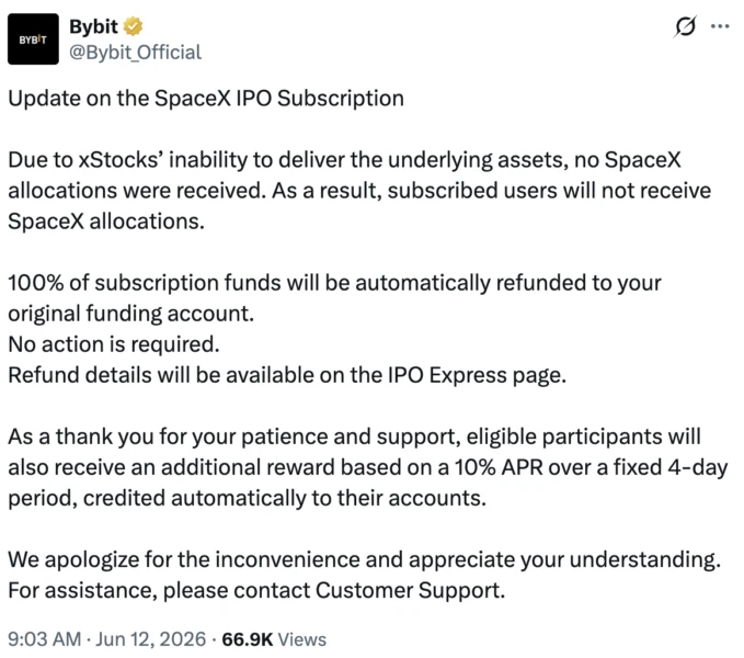 Bybit announcement regarding SpaceX IPO refunds