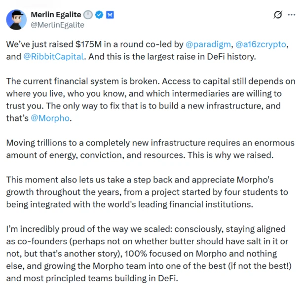 Infographic describing Morpho's raise as the 'largest' in DeFi history.