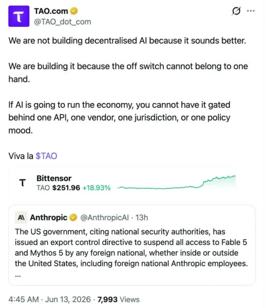 Screenshot of TAO.com post on X