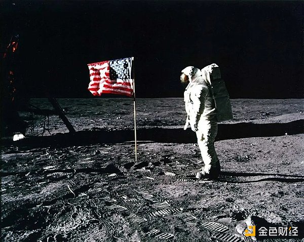 阿波罗11号任务的宇航员Buzz Aldrin站在月球表面的美国国旗旁，这是人类首次登月任务