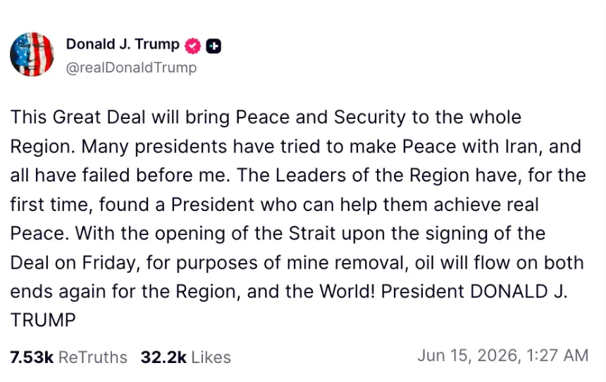 Donald Trump post on Truth Social regarding Strait of Hormuz