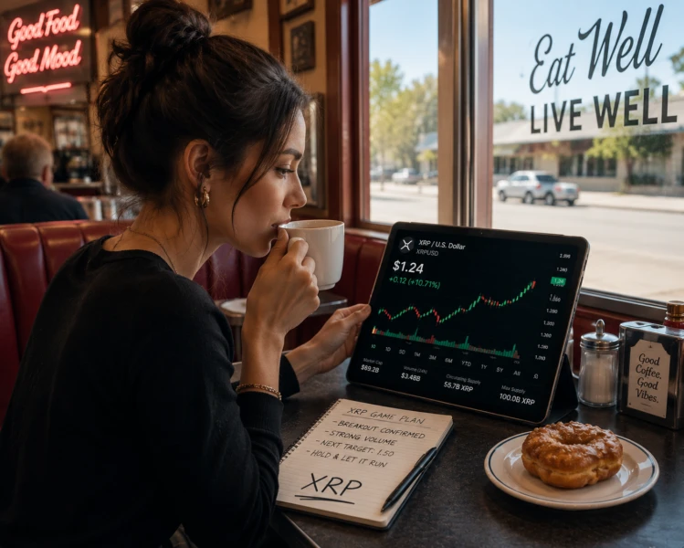 A trader trading the FX:XRPUSD pair while sipping coffee