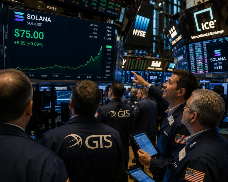 Traders on the stock exchange floor observing SOL hit $75
