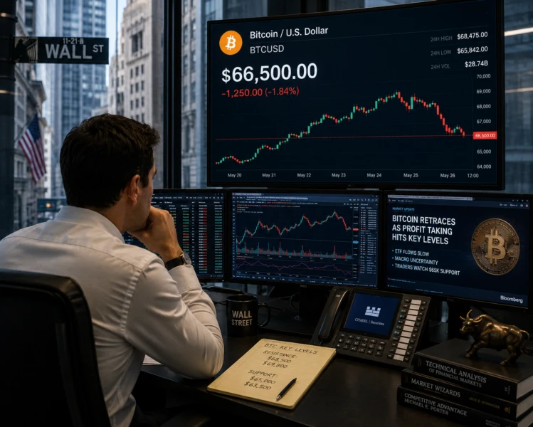 A Wall Street analyst observing Bitcoin as it slightly retraces to $66,500