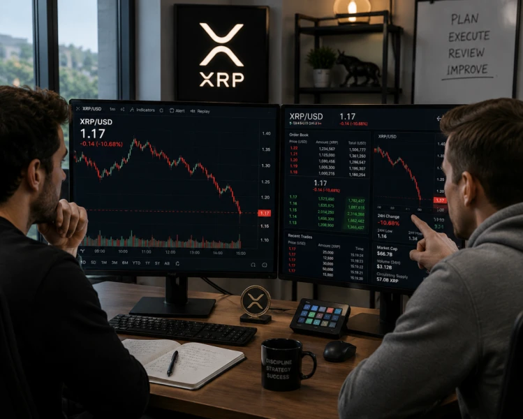 Traders analyzing XRP as it retraces from recent high