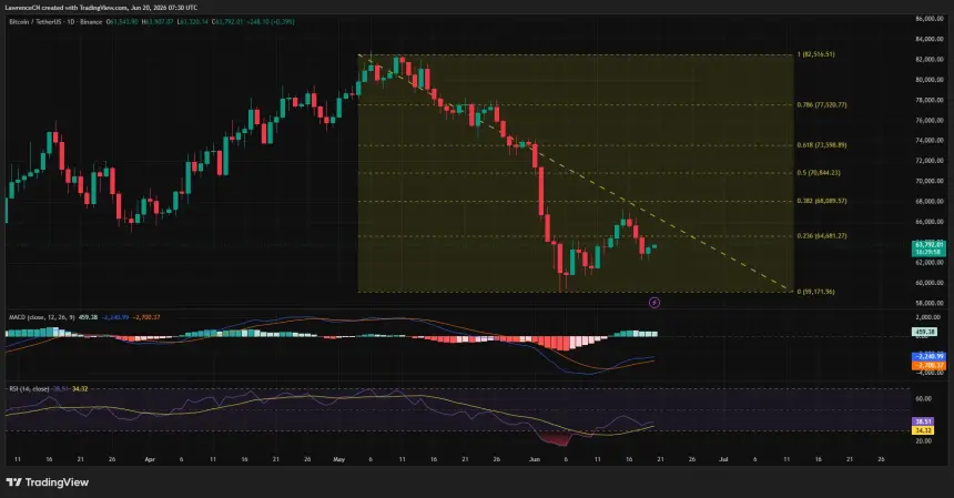 Bitcoin trades near $63,800 after rebounding from June lows, with RSI recovering from oversold levels and resistance sitting near the $64,700 Fibonacci zone.
