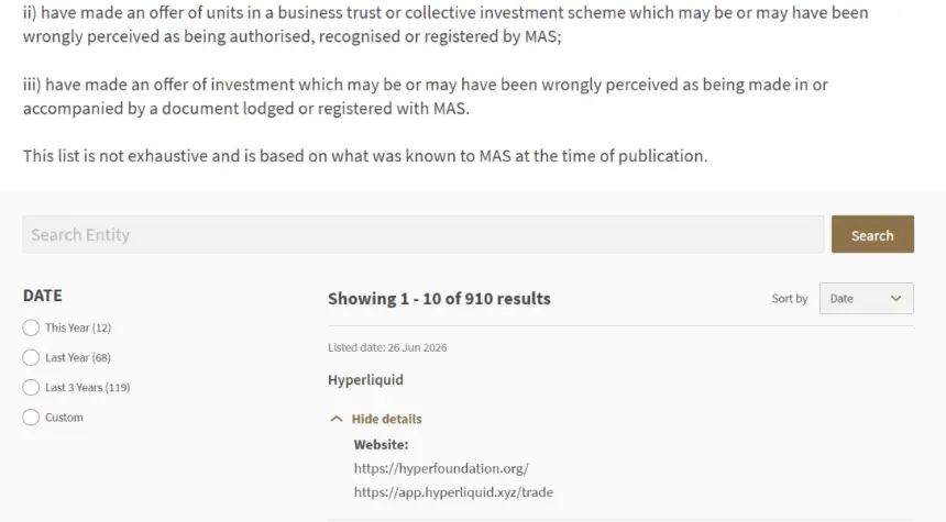Hyperliquid Added to Singapore’s Investor Alert List Amid Tightened Crypto Oversight