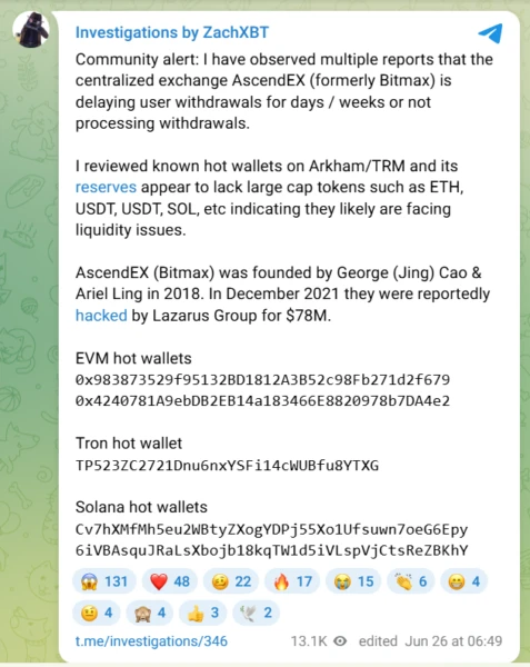 AscendEX Faces Mounting Withdrawal Delays Amid Liquidity Concerns Raised by ZachXBT