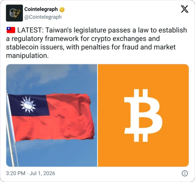 Taiwan Enacts First Comprehensive Crypto and Stablecoin Regulatory Framework