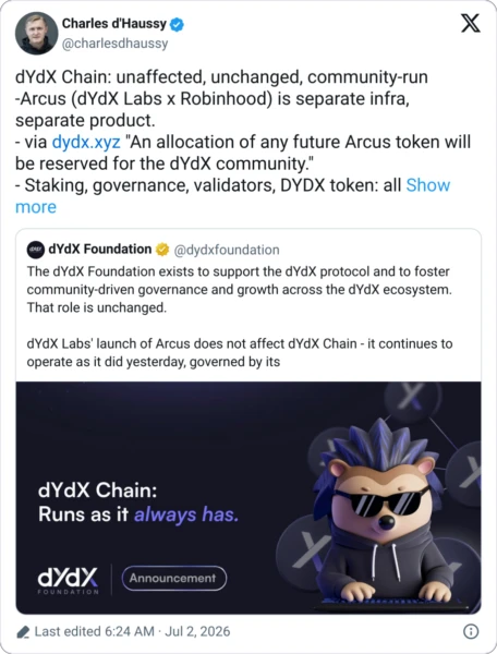 Robinhood and dYdX Labs Launch New DEX Arcus on Robinhood Chain
