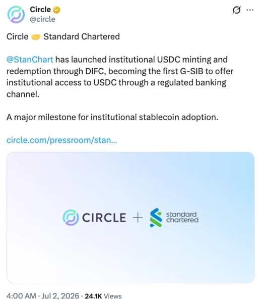 Standard Chartered and Circle Enable USDC Minting Through Traditional Banking Infrastructure