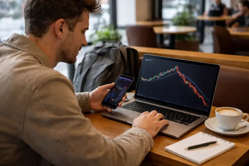 A man sits at a café table reviewing a financial candlestick chart on a laptop while holding a smartphone trading app, with a coffee and notebook beside him.