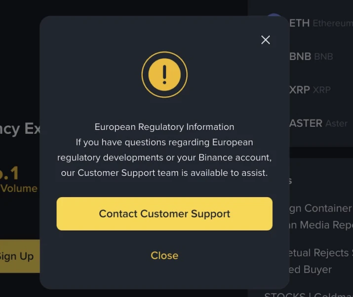 Binance restricts access from EU IP