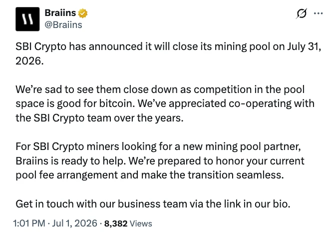 SBI Crypto to Shut Down Bitcoin Mining Pool After Five Years, Shifts Focus to Broader Crypto Strategy