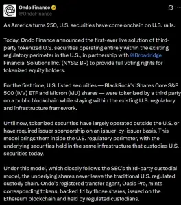 Ondo Finance 通过 Broadridge 合作伙伴关系为代币化股票带来链上股东投票   