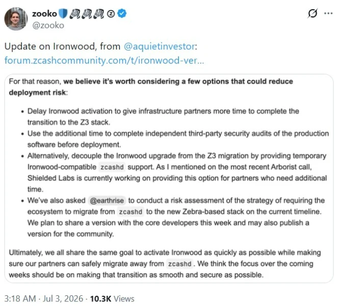 Zcash’s Ironwood Upgrade May Be Delayed Amid Infrastructure Readiness Concerns