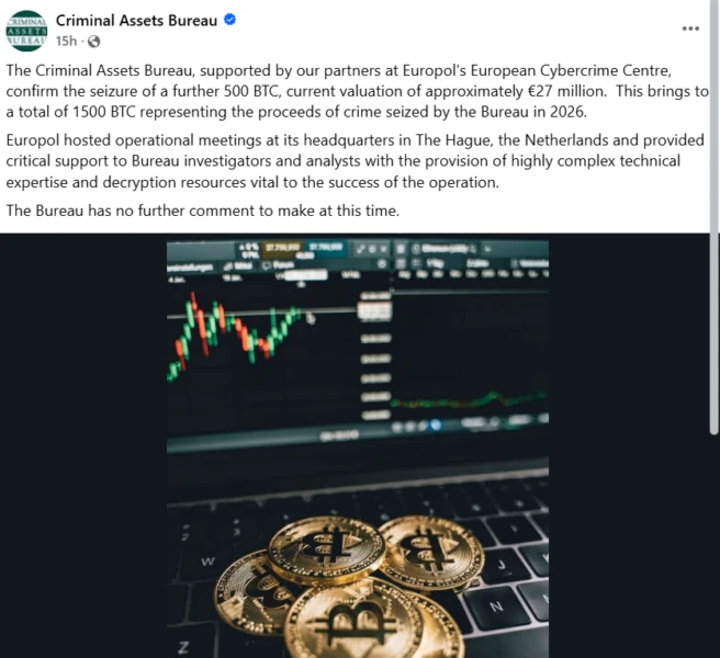 Irish Authorities Seize Additional 500 Bitcoin, Totaling 1,500 BTC in 2026 Amid Links to Convicted Drug Dealer