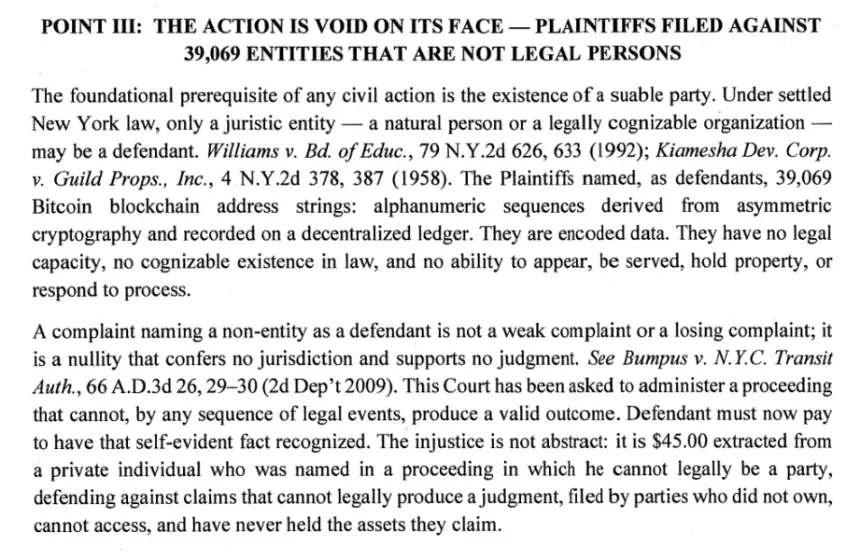 Defendant Challenges NY Lawsuit Over Ownership of 39,069 Dormant Bitcoin Wallets