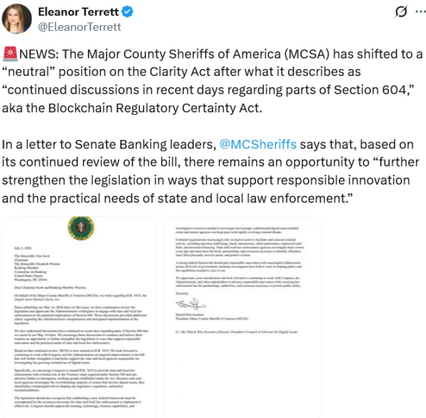 Major County Sheriffs of America Shifts to Neutral on CLARITY Act After Concerns Addressed