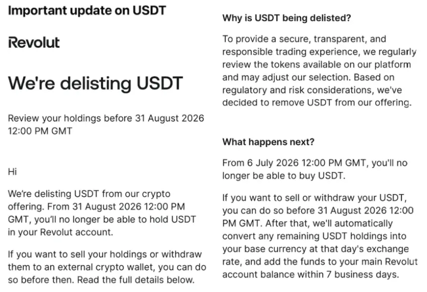 Revolut to Delist USDT by August 2026 Amid Regulatory and Risk Concerns