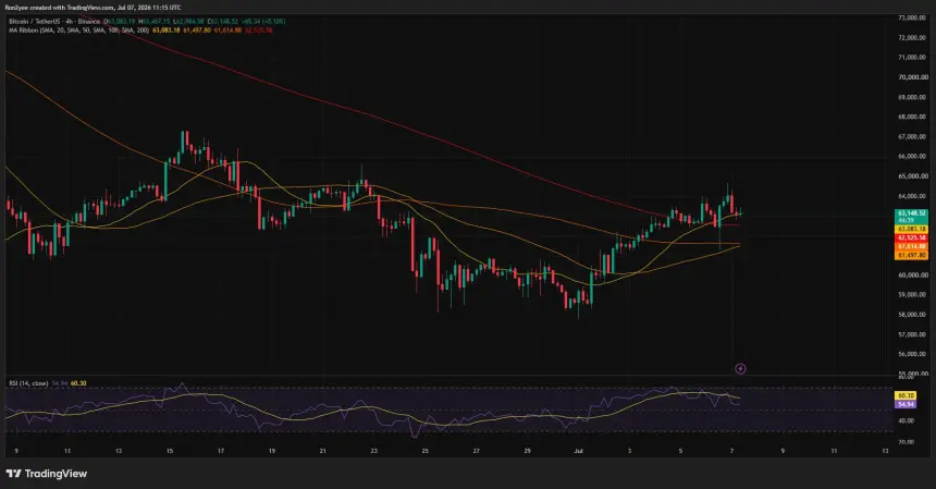 Bitcoin 4-hour chart shows price consolidating below $64K resistance with bearish RSI divergence and support near $61.5K.