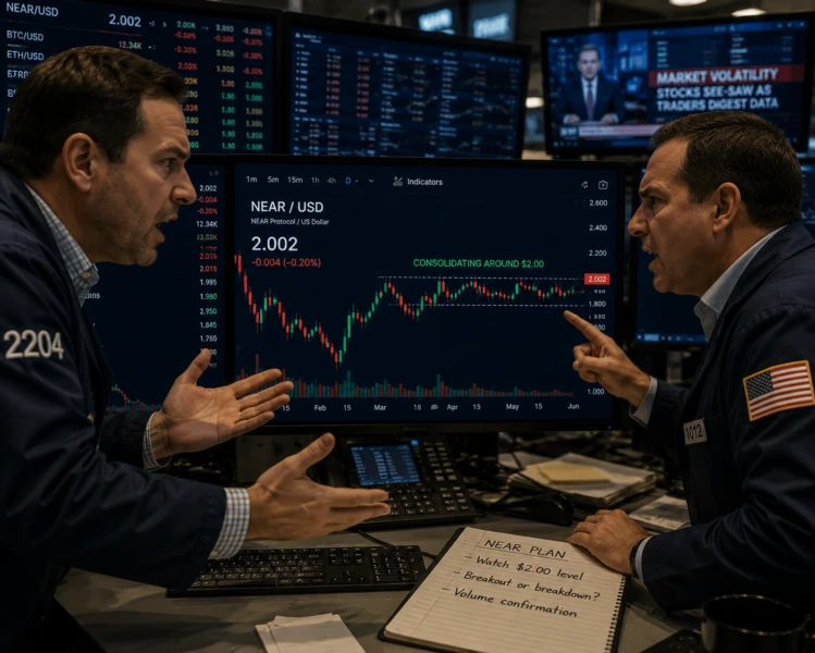 Traders on Wall Street analyzing the consolidating NEAR chart
