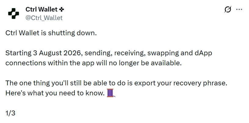 Ctrl Wallet to Shut Down Following Security Exploit; Users Urged to Withdraw Assets by August 3