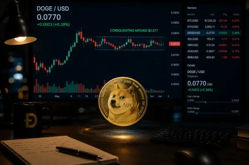 Dogecoin consolidating around $0.077