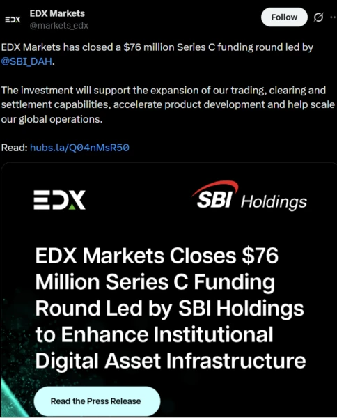 Institutional Crypto Exchange EDX Raises $76M Led by SBI Holdings to Expand Global Infrastructure