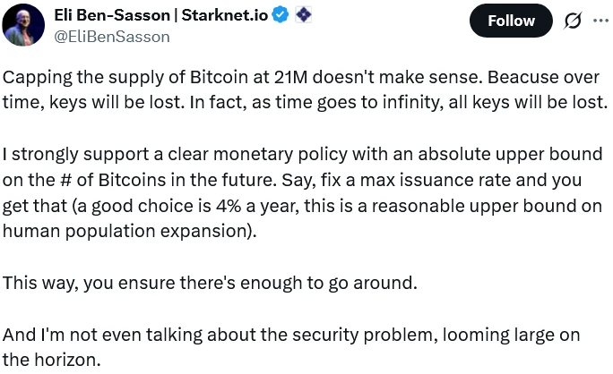 StarkWare CEO Proposes 4% Annual Bitcoin Inflation to Replace 21M Cap