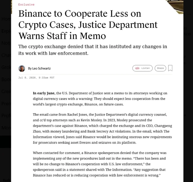 Binance DOJ Report Sparks Questions Over Crypto Investigations 