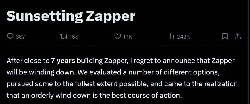  Zapper shuts down after 7 years despite $13B peak volume – Details 