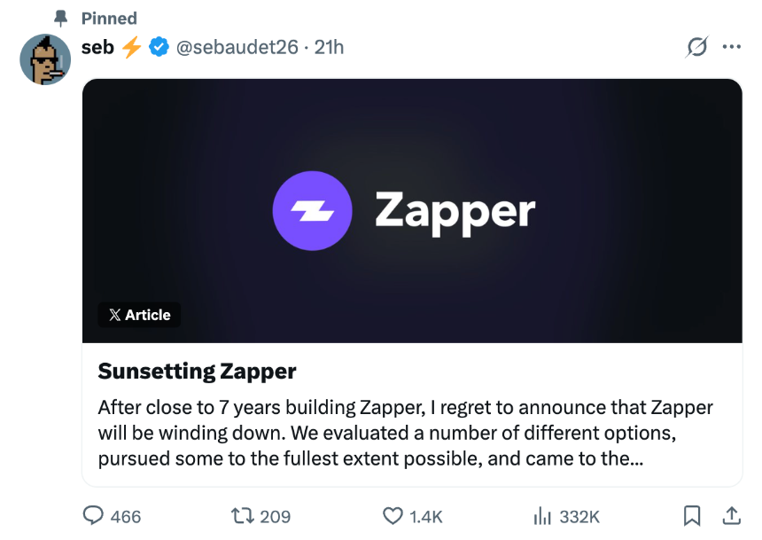 从200万月活到归零：Zapper死于DeFi的「成熟」