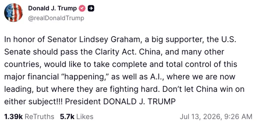 Trump Urges Senate to Pass Crypto Bill in Wake of Senator Graham's Death