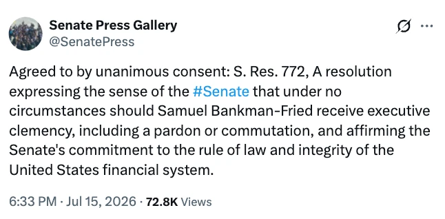 US Senate Unanimously Adopts Resolution Opposing Clemency for FTX Founder Sam Bankman-Fried