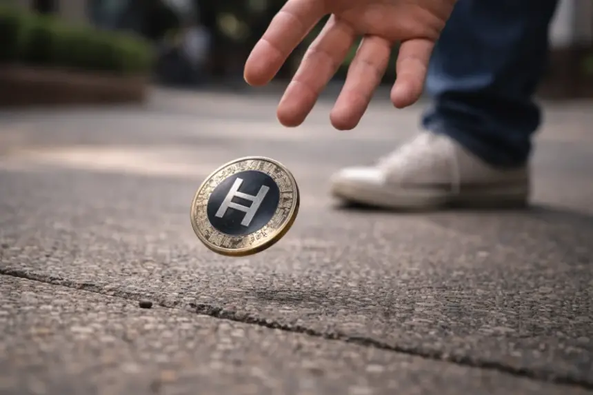 一个Hedera HBAR加密货币硬币下落,一只手伸出接住它