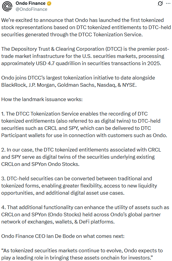 Ondo DTCC Announcement